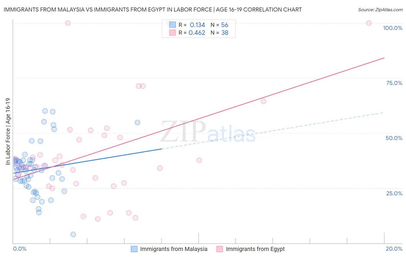 Immigrants from Malaysia vs Immigrants from Egypt In Labor Force | Age 16-19
