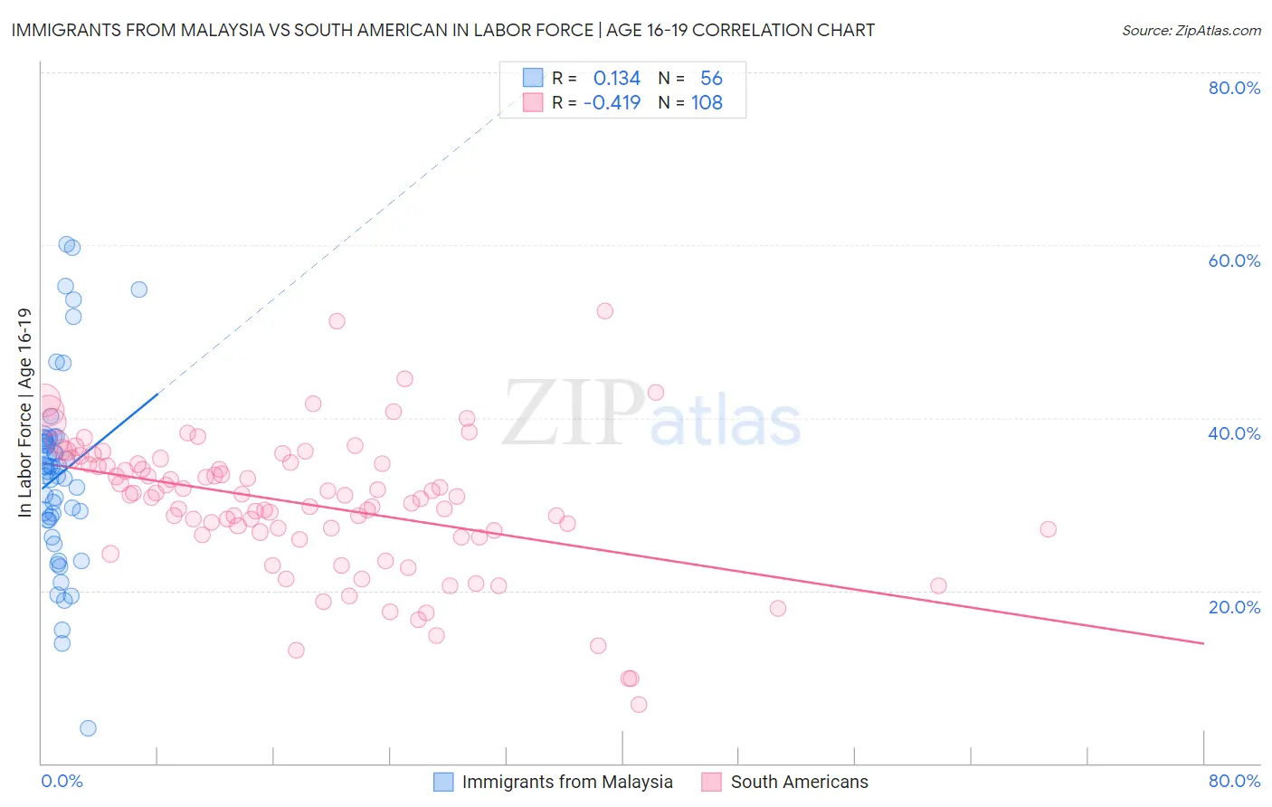 Immigrants from Malaysia vs South American In Labor Force | Age 16-19