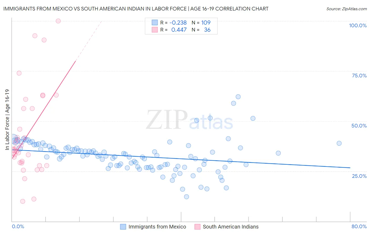Immigrants from Mexico vs South American Indian In Labor Force | Age 16-19
