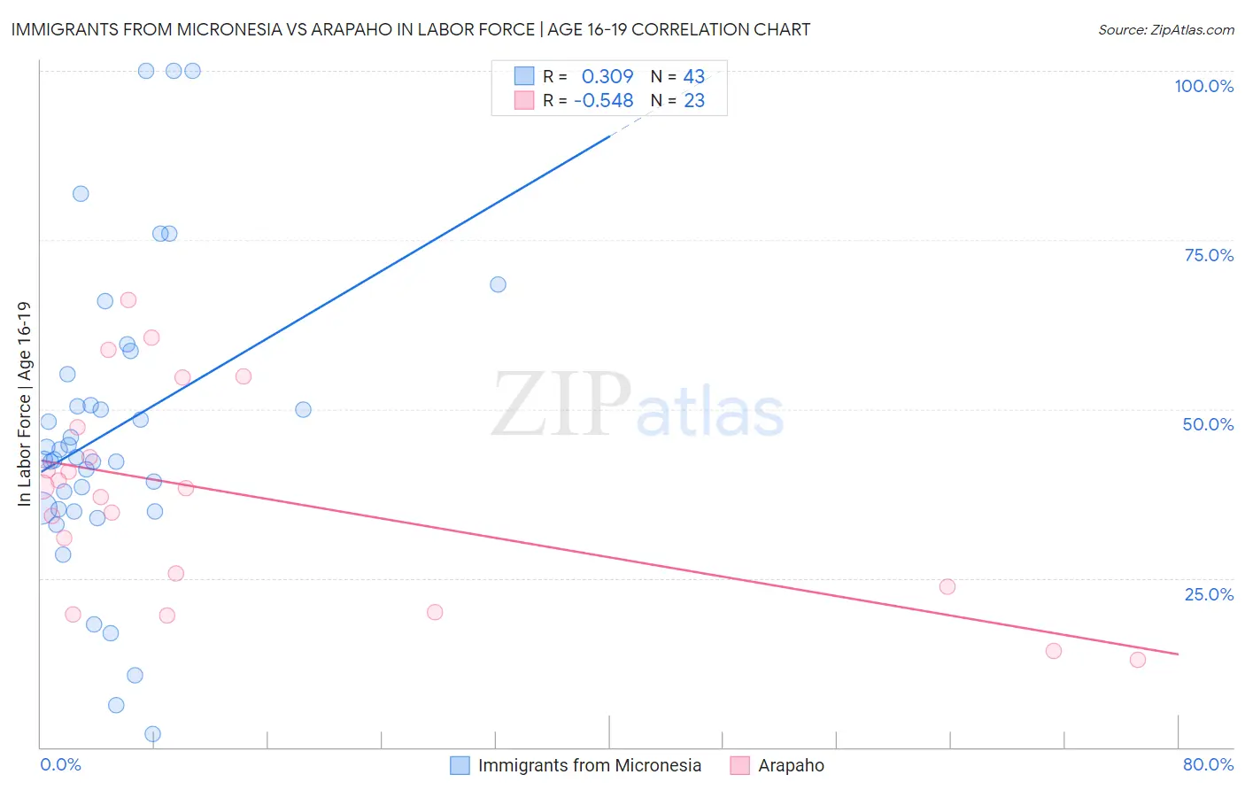 Immigrants from Micronesia vs Arapaho In Labor Force | Age 16-19