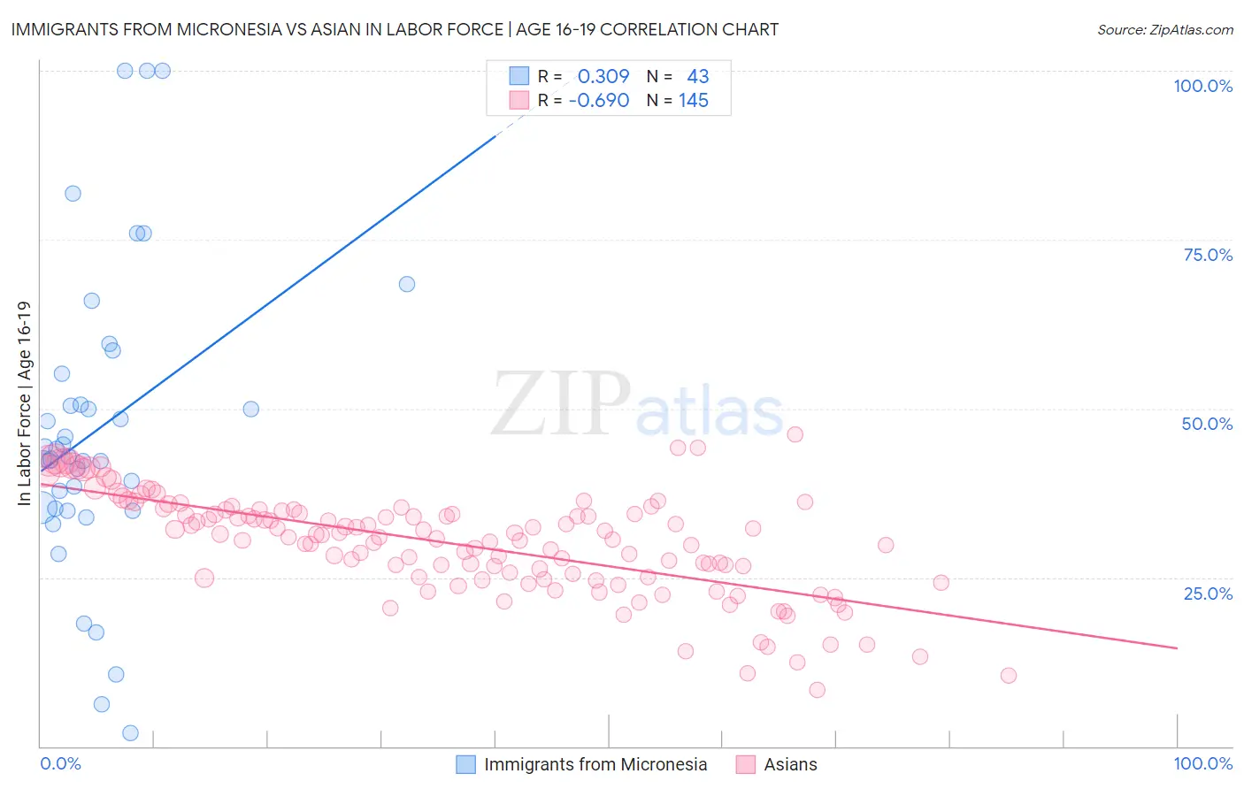 Immigrants from Micronesia vs Asian In Labor Force | Age 16-19