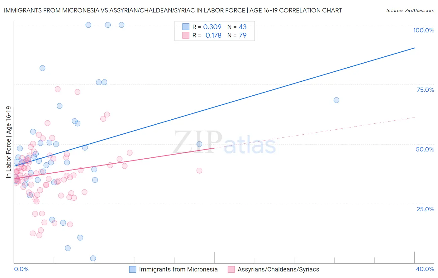 Immigrants from Micronesia vs Assyrian/Chaldean/Syriac In Labor Force | Age 16-19