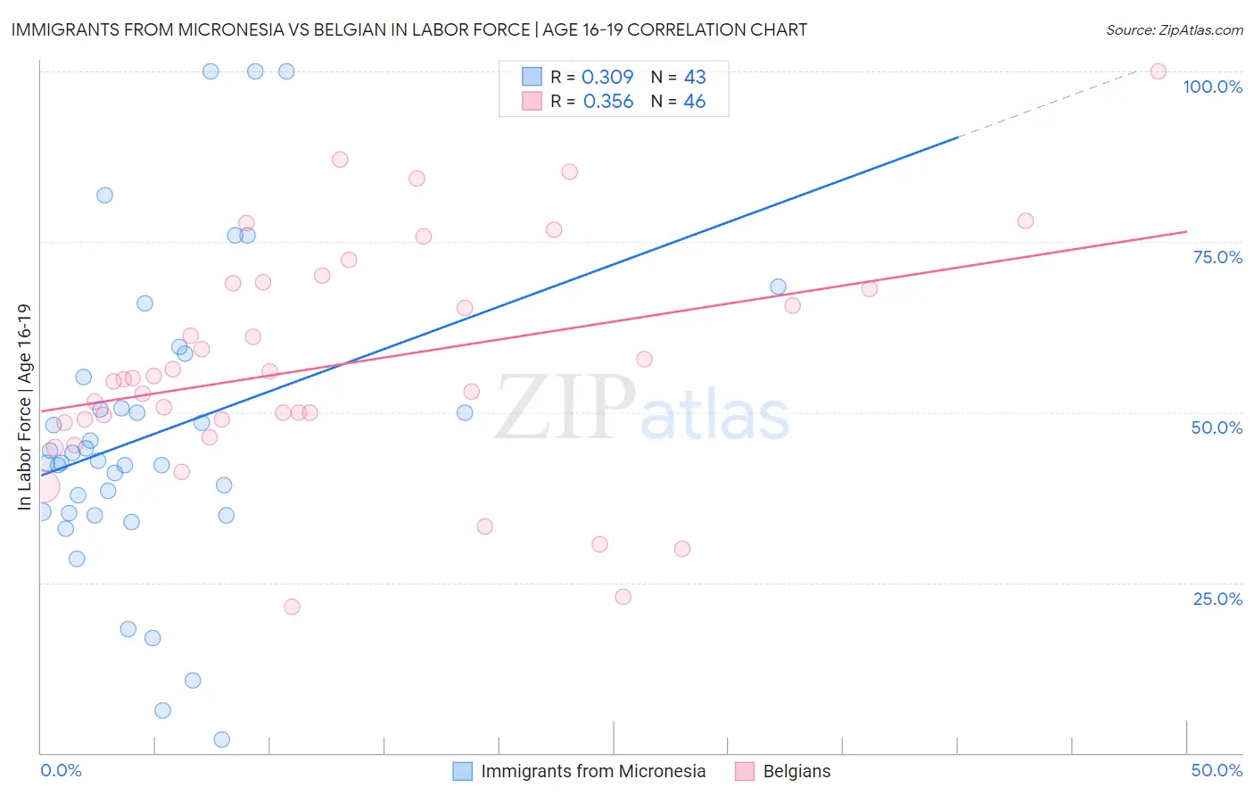 Immigrants from Micronesia vs Belgian In Labor Force | Age 16-19