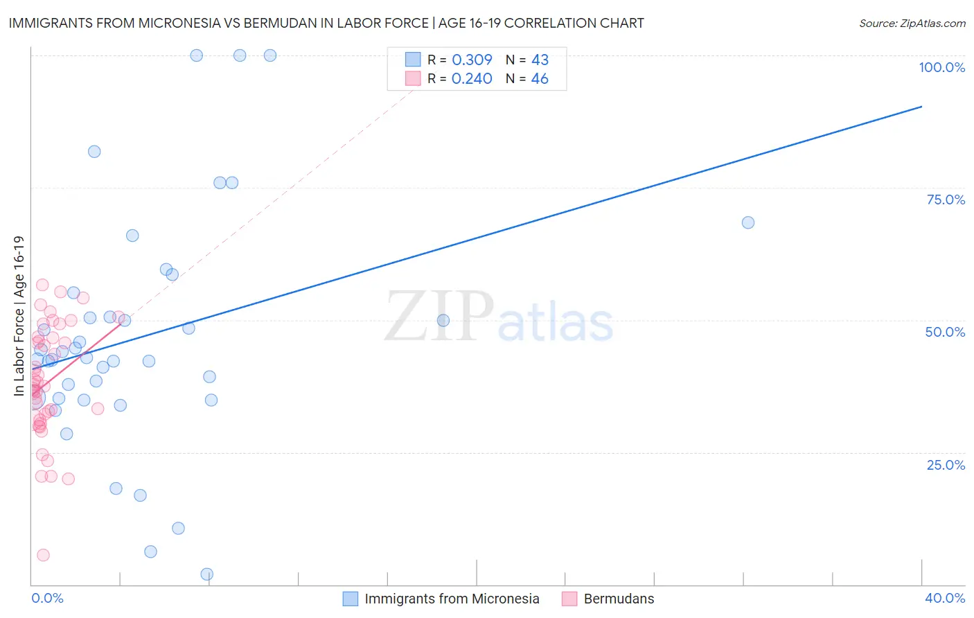Immigrants from Micronesia vs Bermudan In Labor Force | Age 16-19