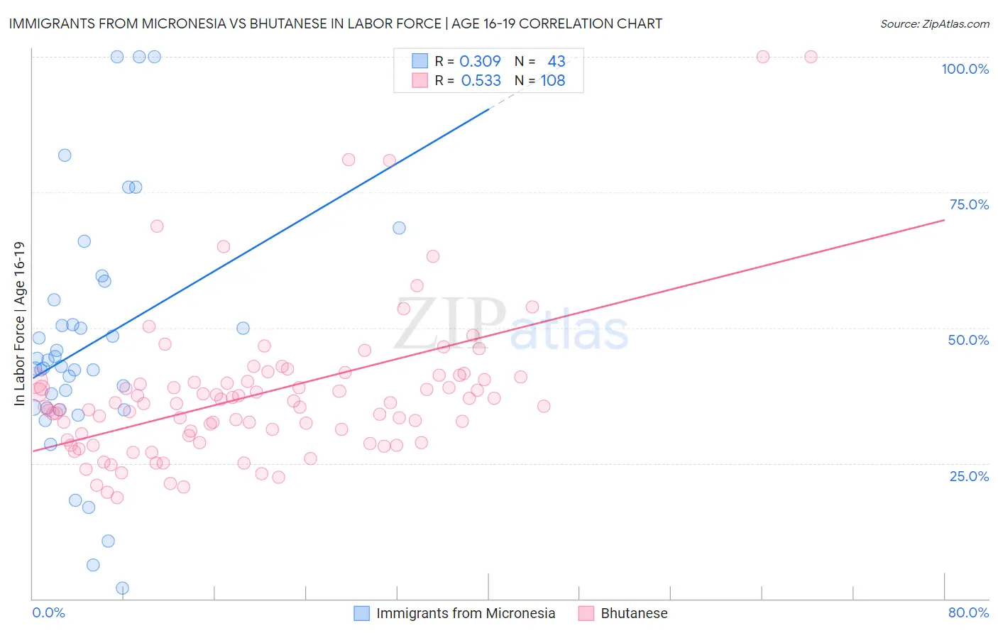 Immigrants from Micronesia vs Bhutanese In Labor Force | Age 16-19