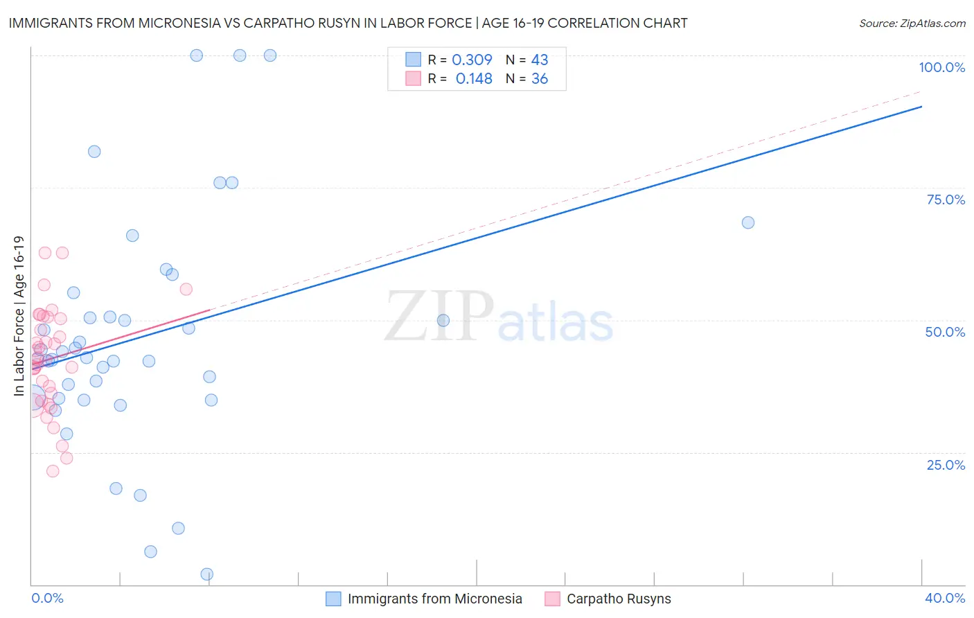 Immigrants from Micronesia vs Carpatho Rusyn In Labor Force | Age 16-19