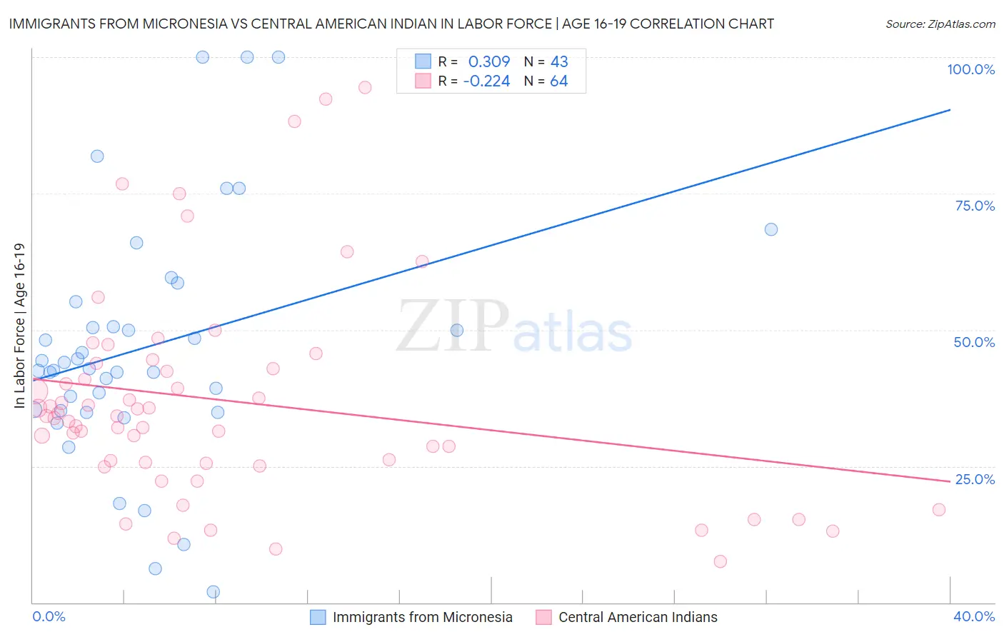 Immigrants from Micronesia vs Central American Indian In Labor Force | Age 16-19