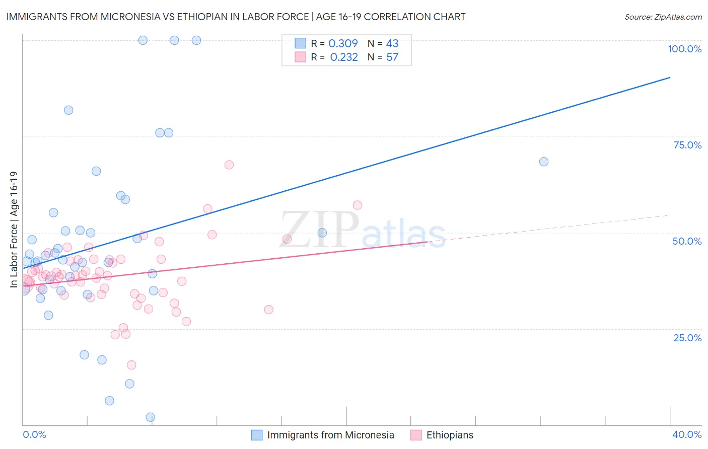 Immigrants from Micronesia vs Ethiopian In Labor Force | Age 16-19