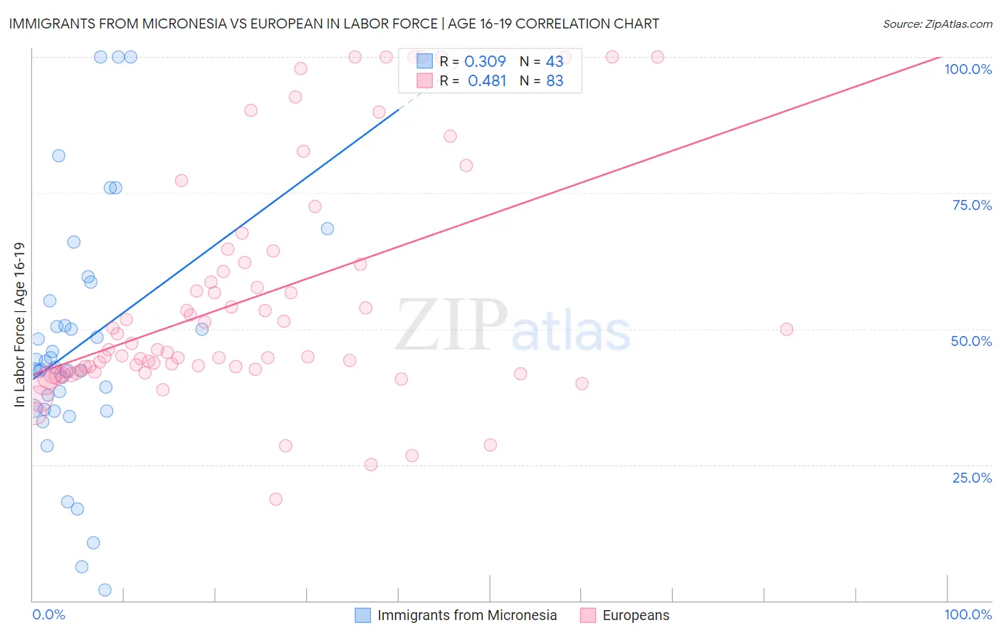 Immigrants from Micronesia vs European In Labor Force | Age 16-19