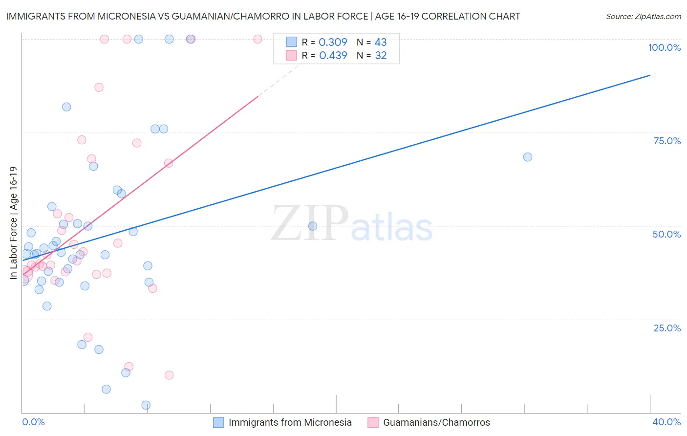 Immigrants from Micronesia vs Guamanian/Chamorro In Labor Force | Age 16-19