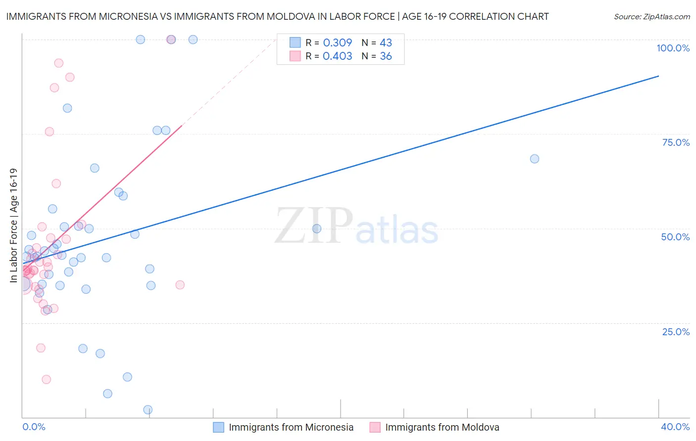 Immigrants from Micronesia vs Immigrants from Moldova In Labor Force | Age 16-19