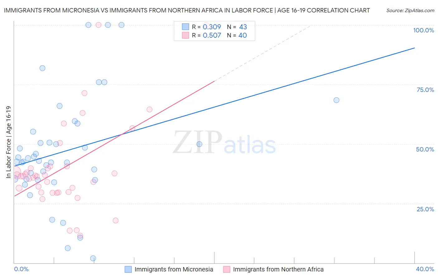 Immigrants from Micronesia vs Immigrants from Northern Africa In Labor Force | Age 16-19
