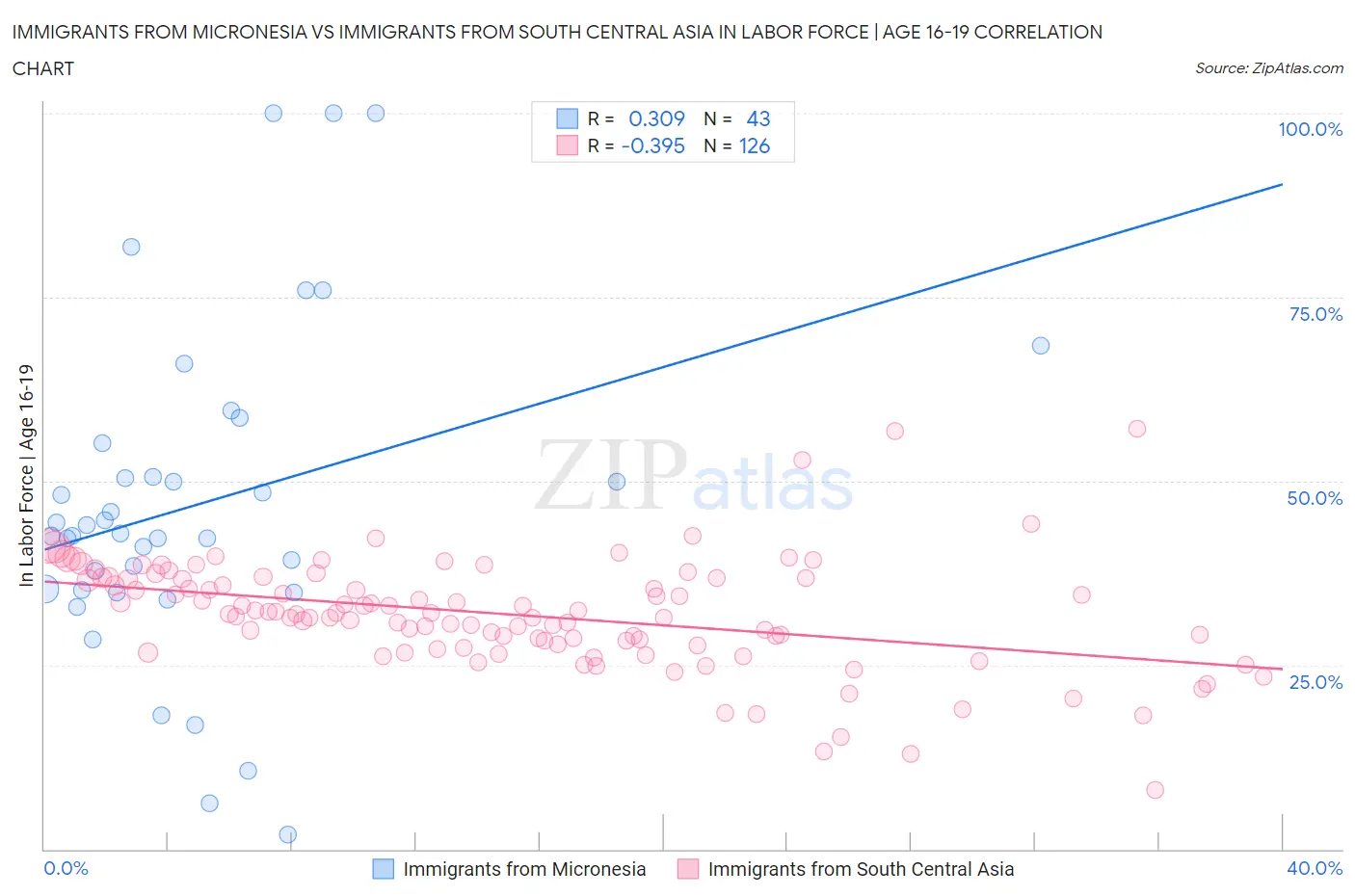 Immigrants from Micronesia vs Immigrants from South Central Asia In Labor Force | Age 16-19