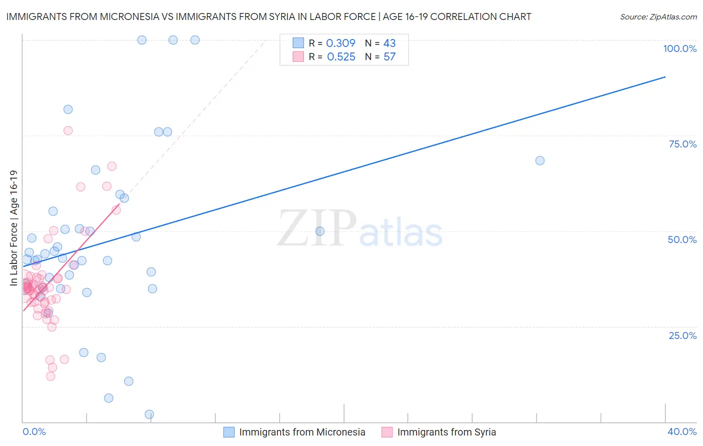 Immigrants from Micronesia vs Immigrants from Syria In Labor Force | Age 16-19