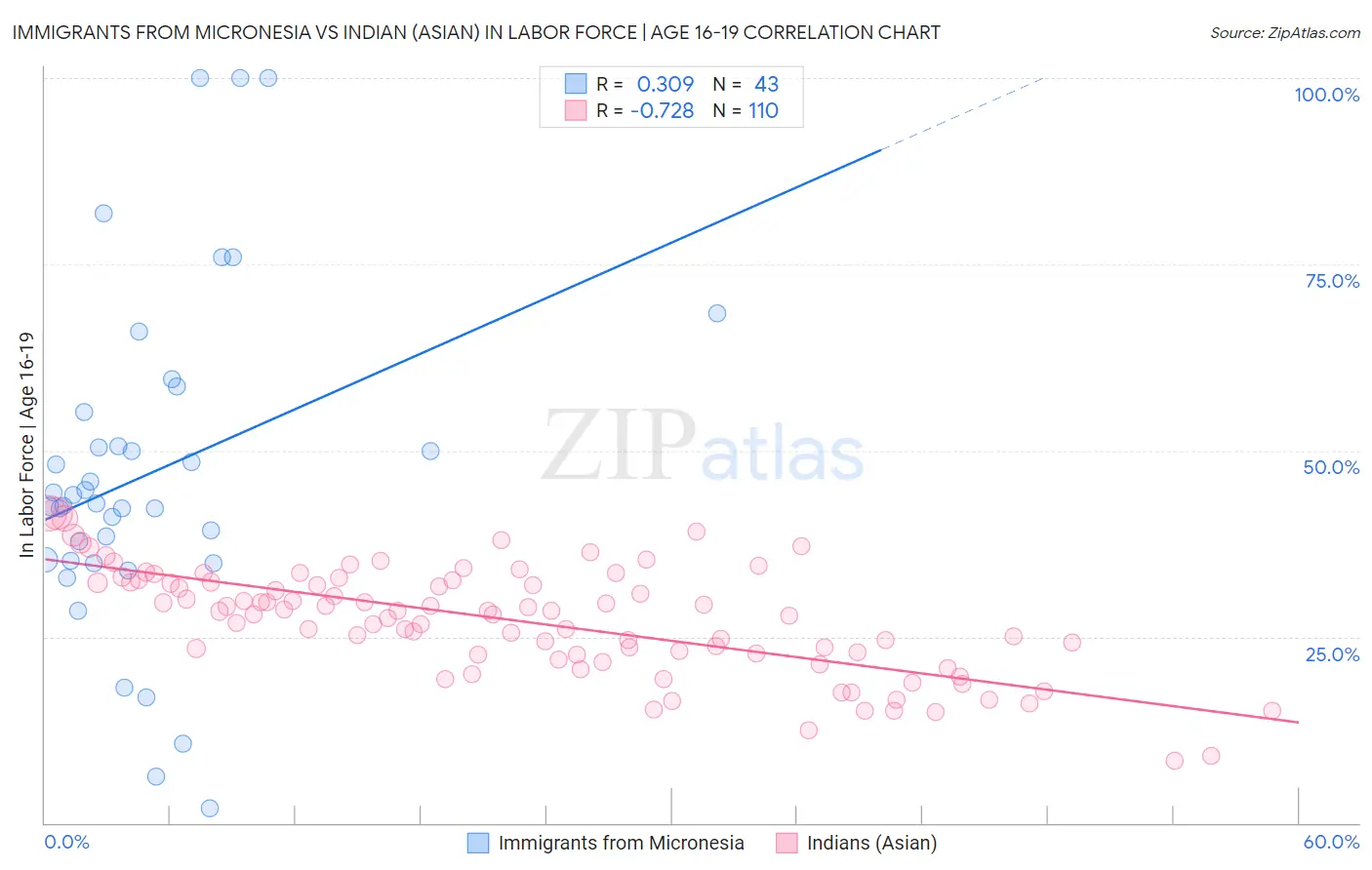 Immigrants from Micronesia vs Indian (Asian) In Labor Force | Age 16-19
