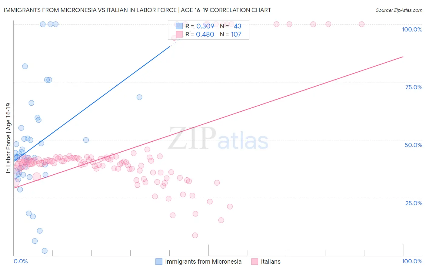 Immigrants from Micronesia vs Italian In Labor Force | Age 16-19