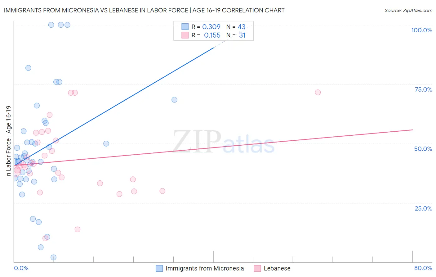 Immigrants from Micronesia vs Lebanese In Labor Force | Age 16-19