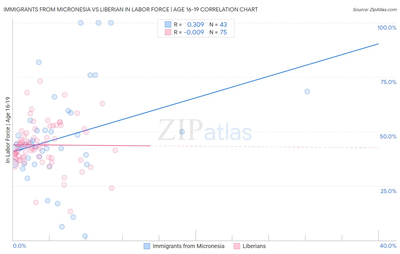 Immigrants from Micronesia vs Liberian In Labor Force | Age 16-19