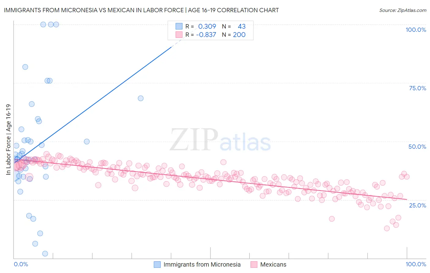 Immigrants from Micronesia vs Mexican In Labor Force | Age 16-19