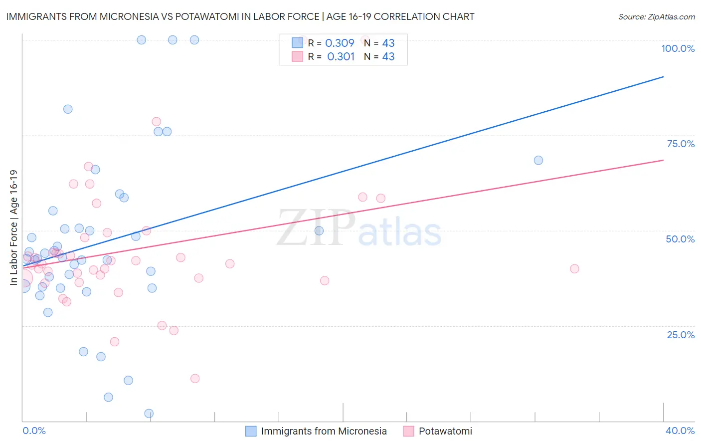Immigrants from Micronesia vs Potawatomi In Labor Force | Age 16-19