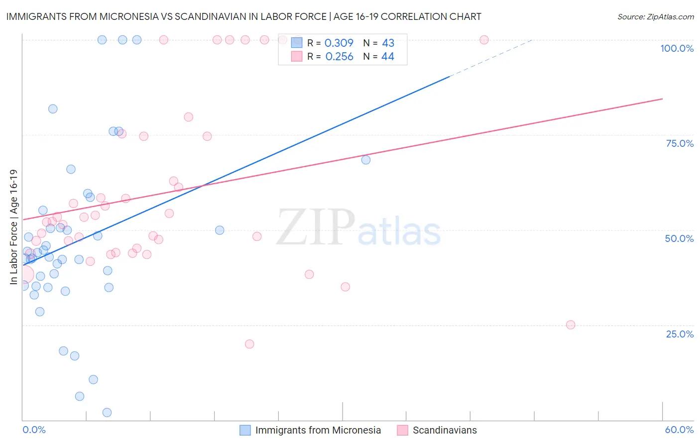Immigrants from Micronesia vs Scandinavian In Labor Force | Age 16-19
