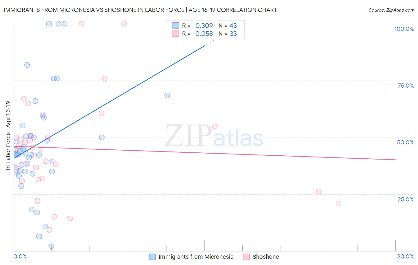 Immigrants from Micronesia vs Shoshone In Labor Force | Age 16-19