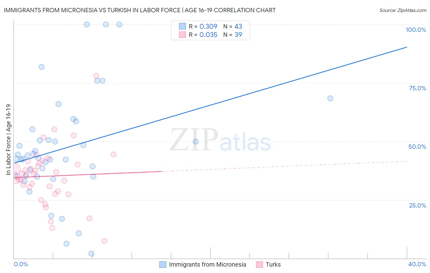 Immigrants from Micronesia vs Turkish In Labor Force | Age 16-19
