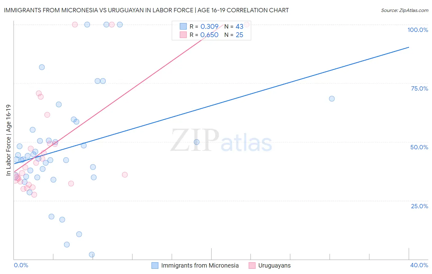 Immigrants from Micronesia vs Uruguayan In Labor Force | Age 16-19