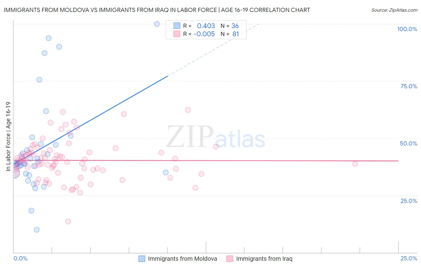 Immigrants from Moldova vs Immigrants from Iraq In Labor Force | Age 16-19