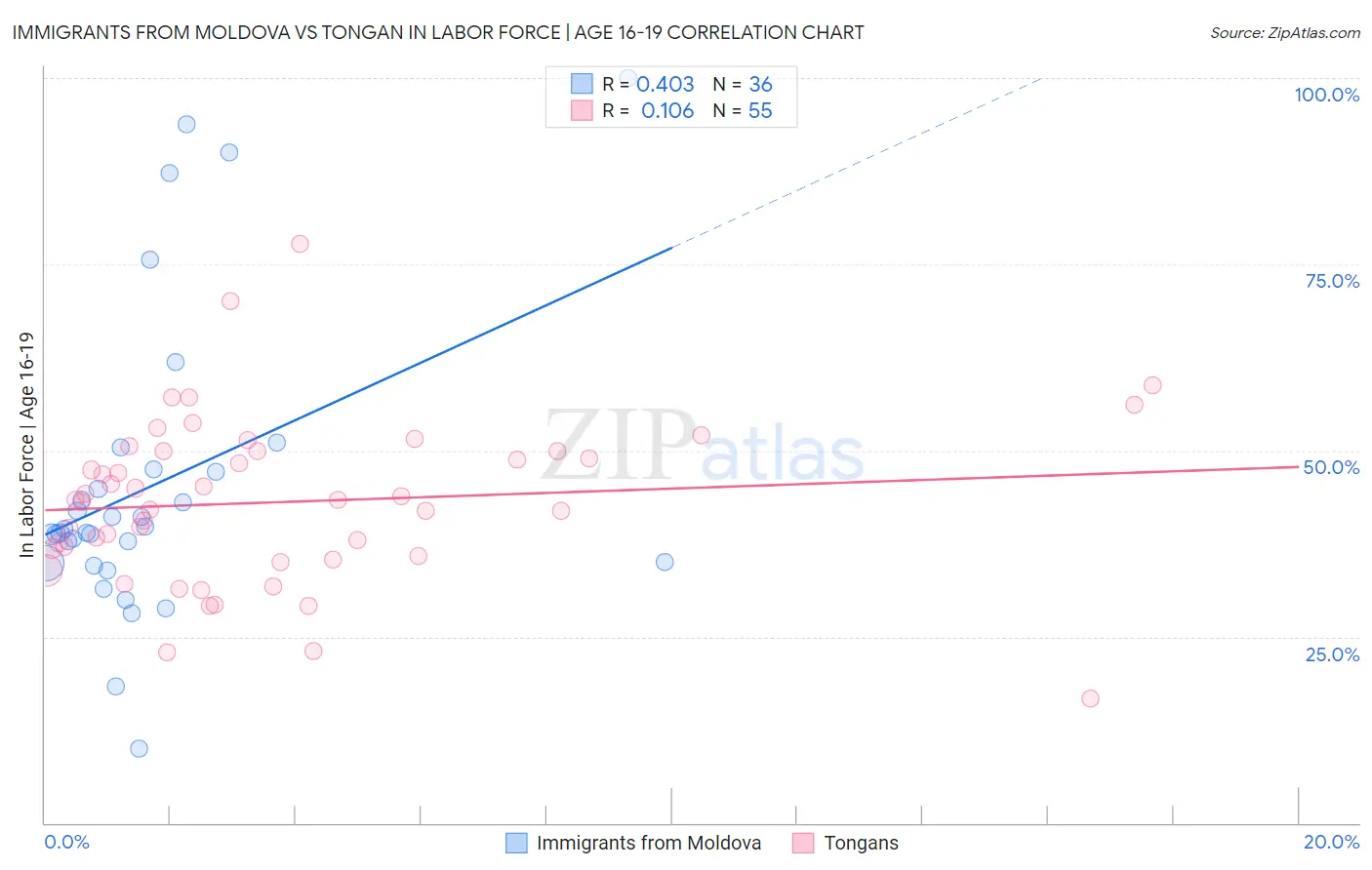 Immigrants from Moldova vs Tongan In Labor Force | Age 16-19