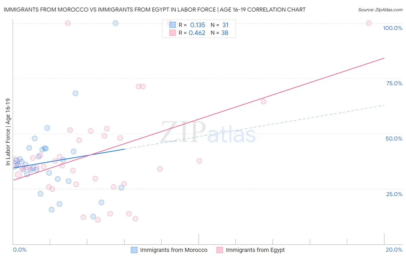 Immigrants from Morocco vs Immigrants from Egypt In Labor Force | Age 16-19