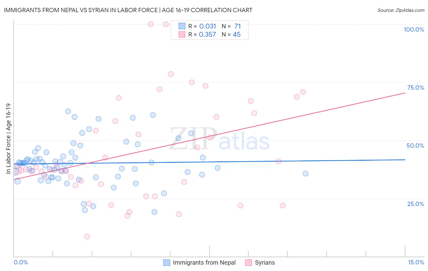 Immigrants from Nepal vs Syrian In Labor Force | Age 16-19