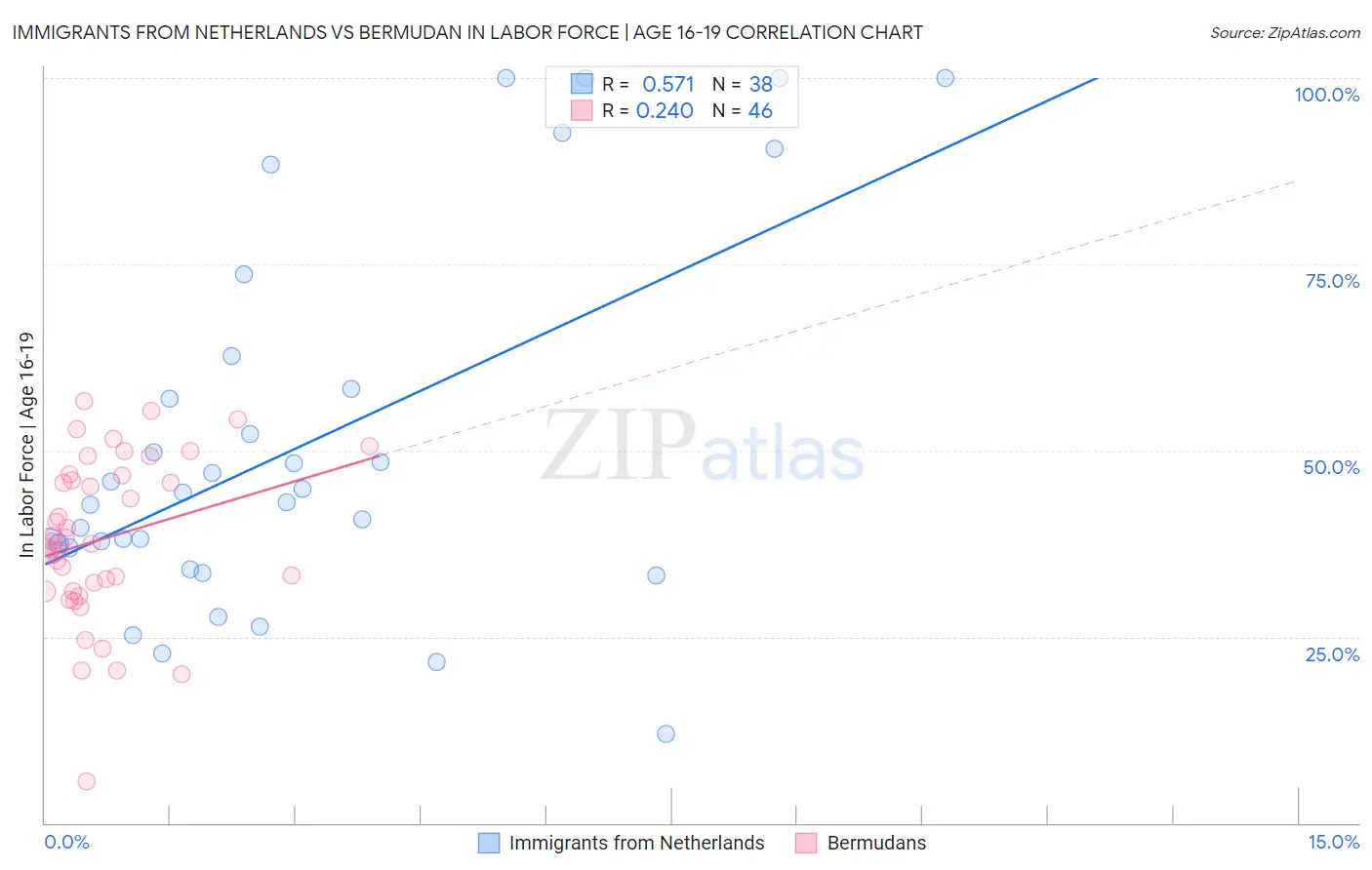 Immigrants from Netherlands vs Bermudan In Labor Force | Age 16-19