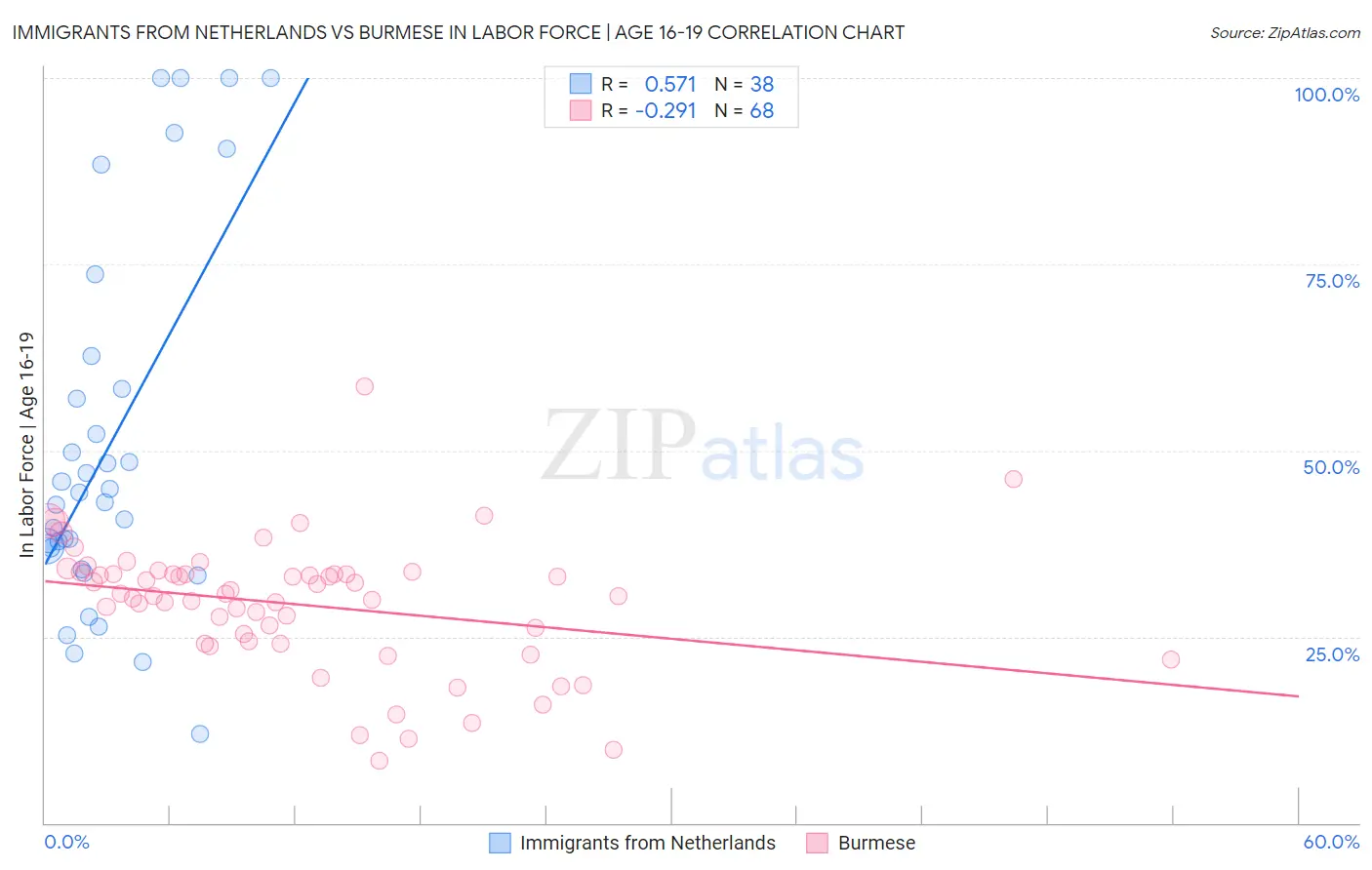 Immigrants from Netherlands vs Burmese In Labor Force | Age 16-19