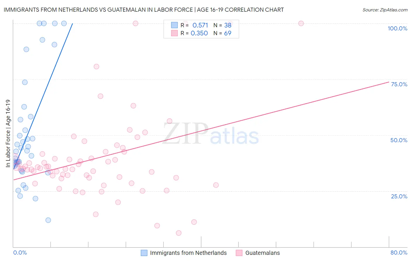 Immigrants from Netherlands vs Guatemalan In Labor Force | Age 16-19
