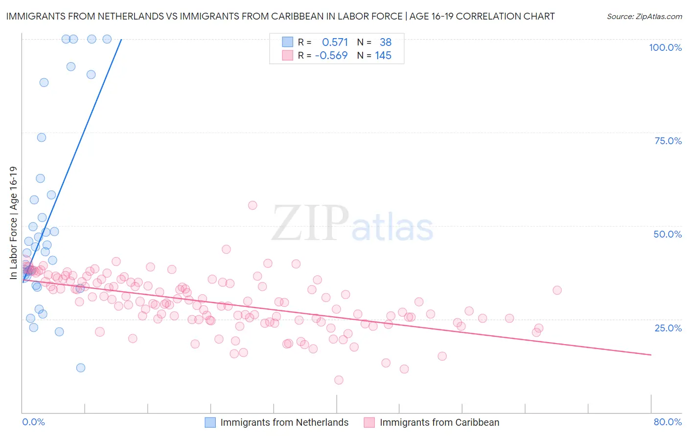 Immigrants from Netherlands vs Immigrants from Caribbean In Labor Force | Age 16-19