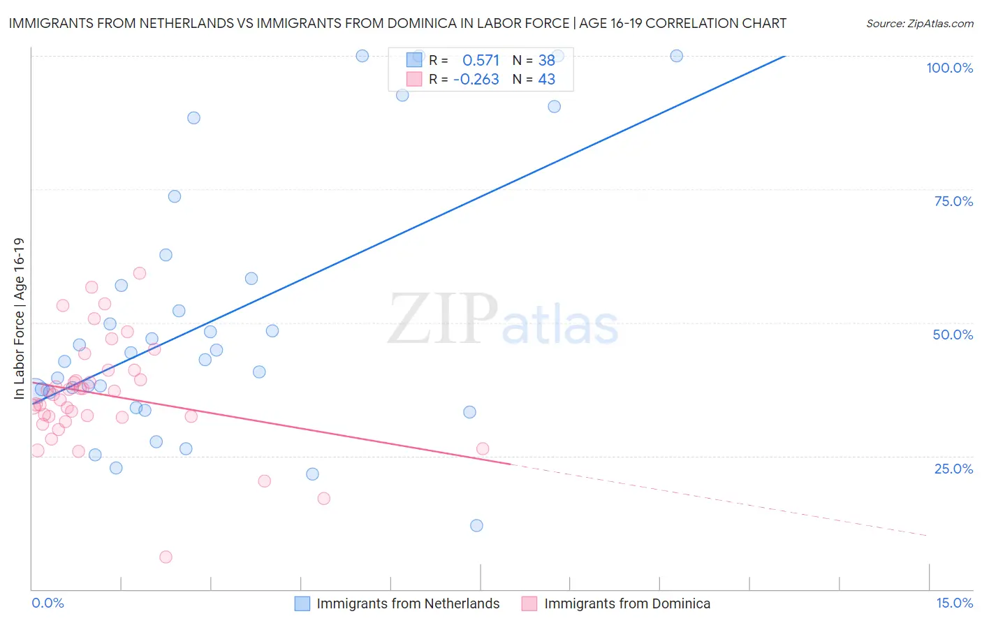 Immigrants from Netherlands vs Immigrants from Dominica In Labor Force | Age 16-19