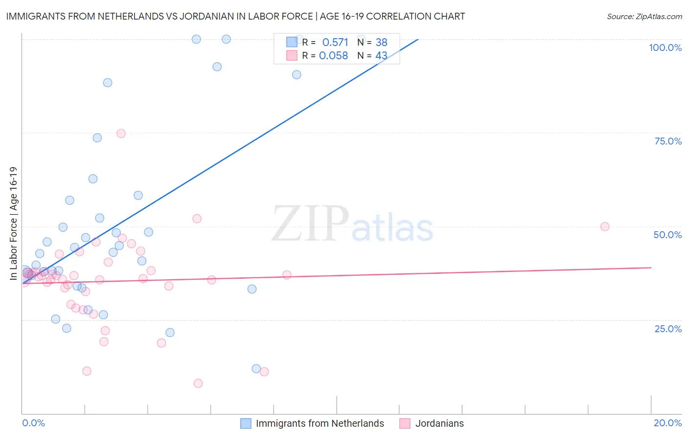 Immigrants from Netherlands vs Jordanian In Labor Force | Age 16-19