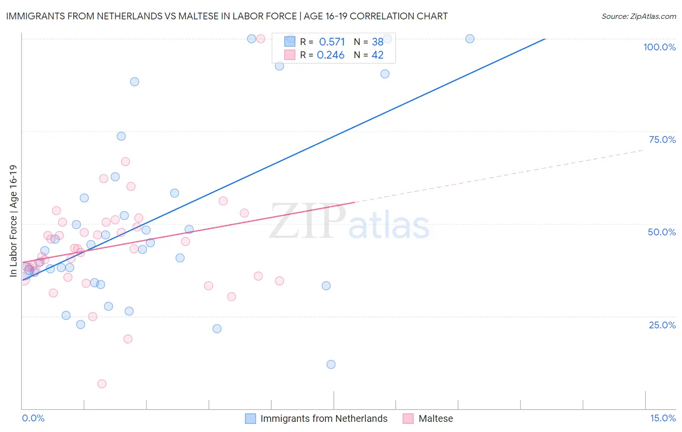 Immigrants from Netherlands vs Maltese In Labor Force | Age 16-19