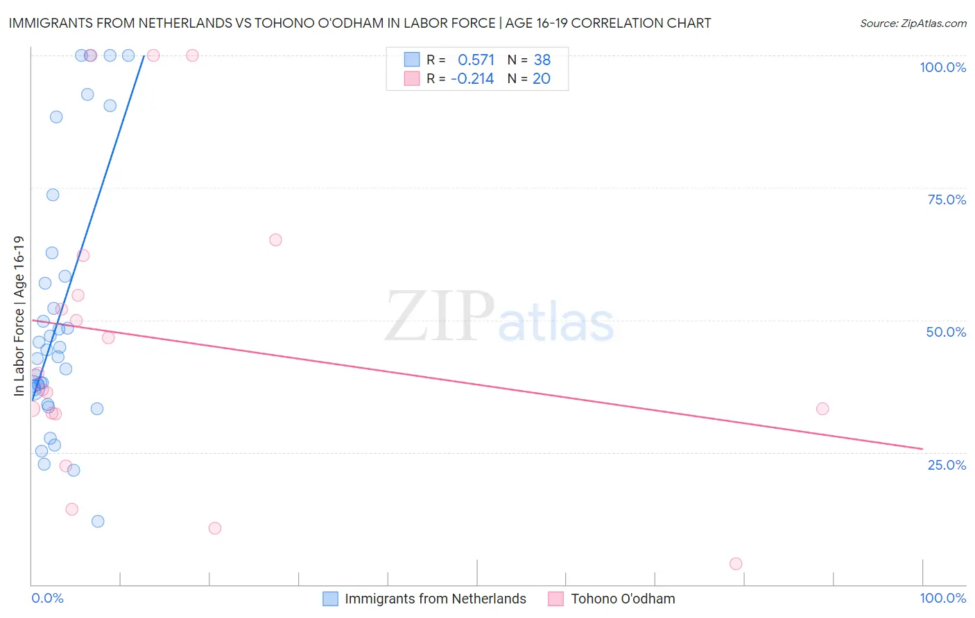 Immigrants from Netherlands vs Tohono O'odham In Labor Force | Age 16-19