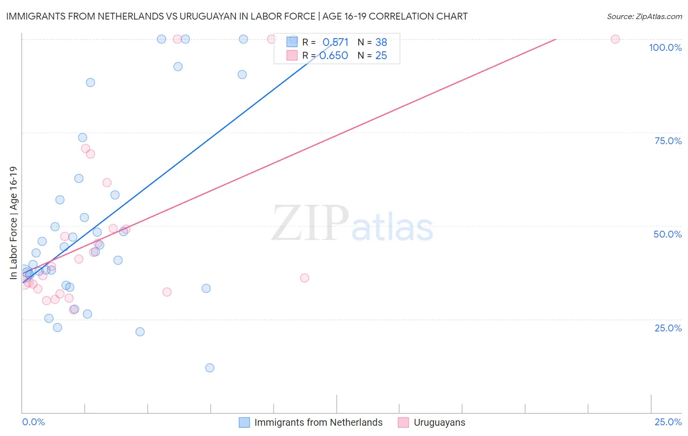 Immigrants from Netherlands vs Uruguayan In Labor Force | Age 16-19