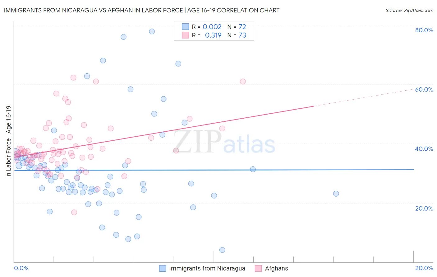 Immigrants from Nicaragua vs Afghan In Labor Force | Age 16-19