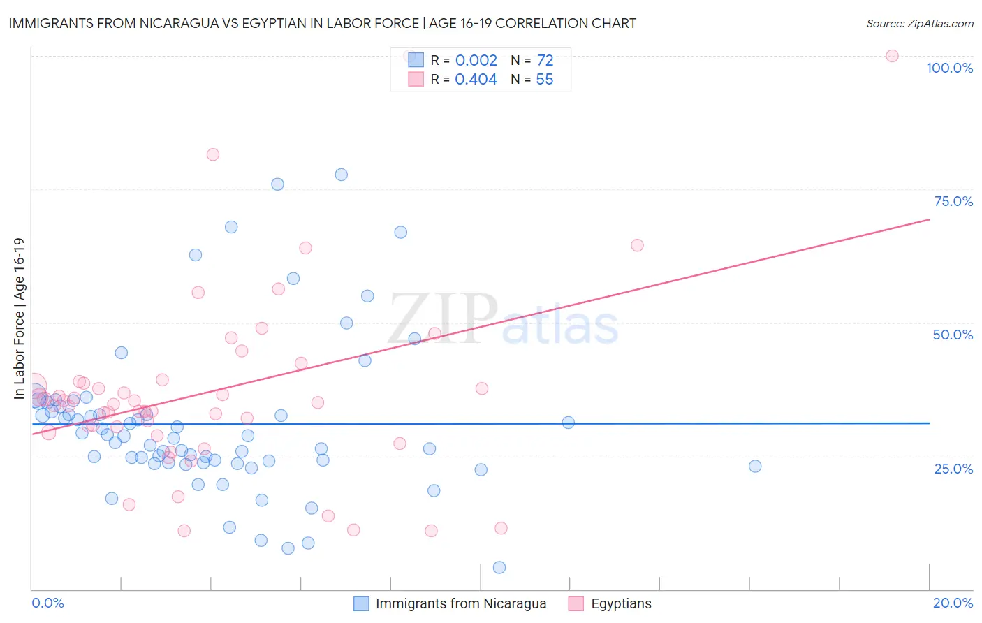 Immigrants from Nicaragua vs Egyptian In Labor Force | Age 16-19