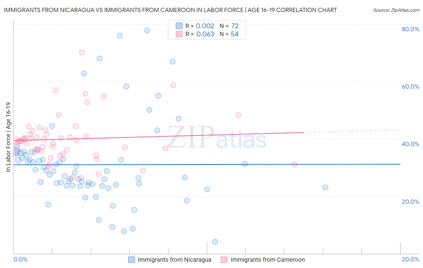 Immigrants from Nicaragua vs Immigrants from Cameroon In Labor Force | Age 16-19