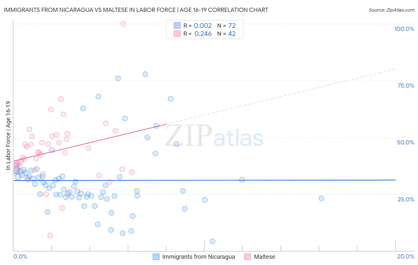 Immigrants from Nicaragua vs Maltese In Labor Force | Age 16-19
