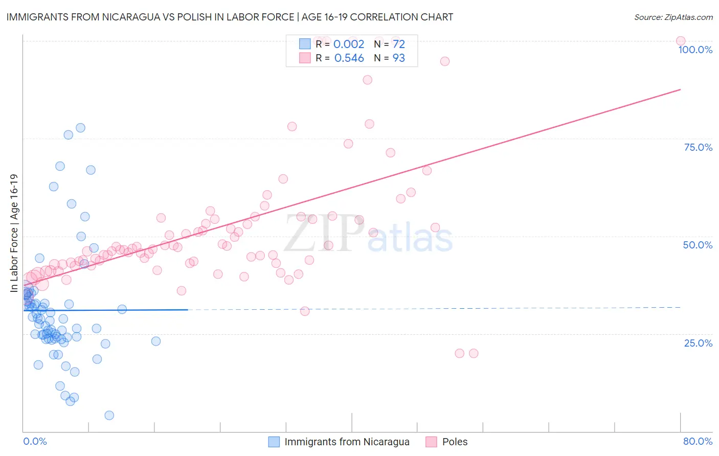 Immigrants from Nicaragua vs Polish In Labor Force | Age 16-19