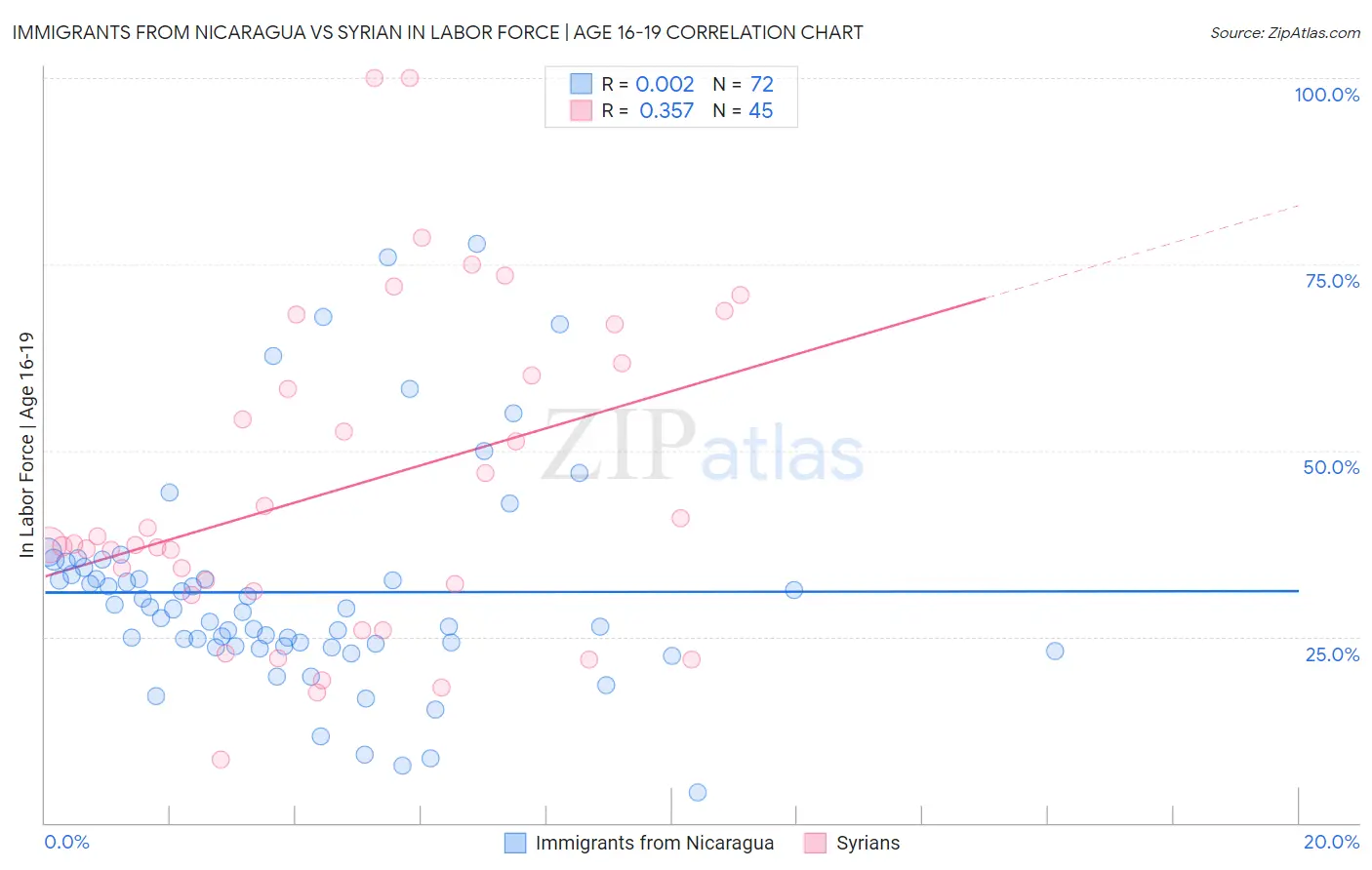Immigrants from Nicaragua vs Syrian In Labor Force | Age 16-19