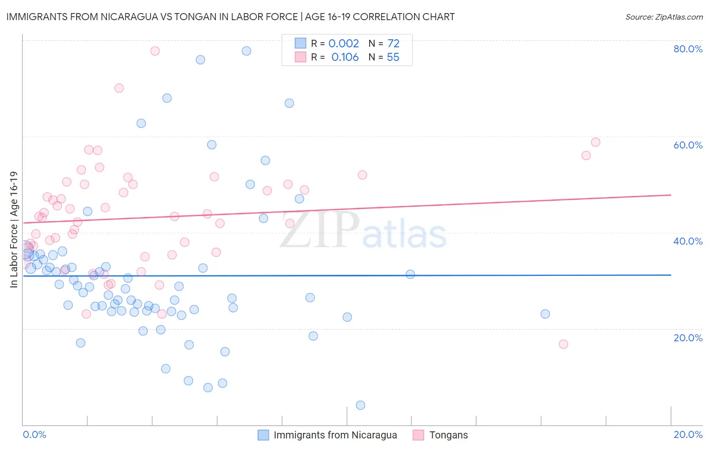 Immigrants from Nicaragua vs Tongan In Labor Force | Age 16-19