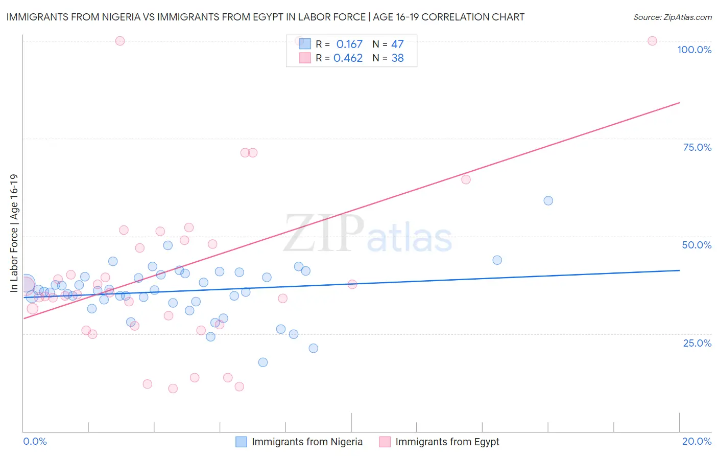 Immigrants from Nigeria vs Immigrants from Egypt In Labor Force | Age 16-19
