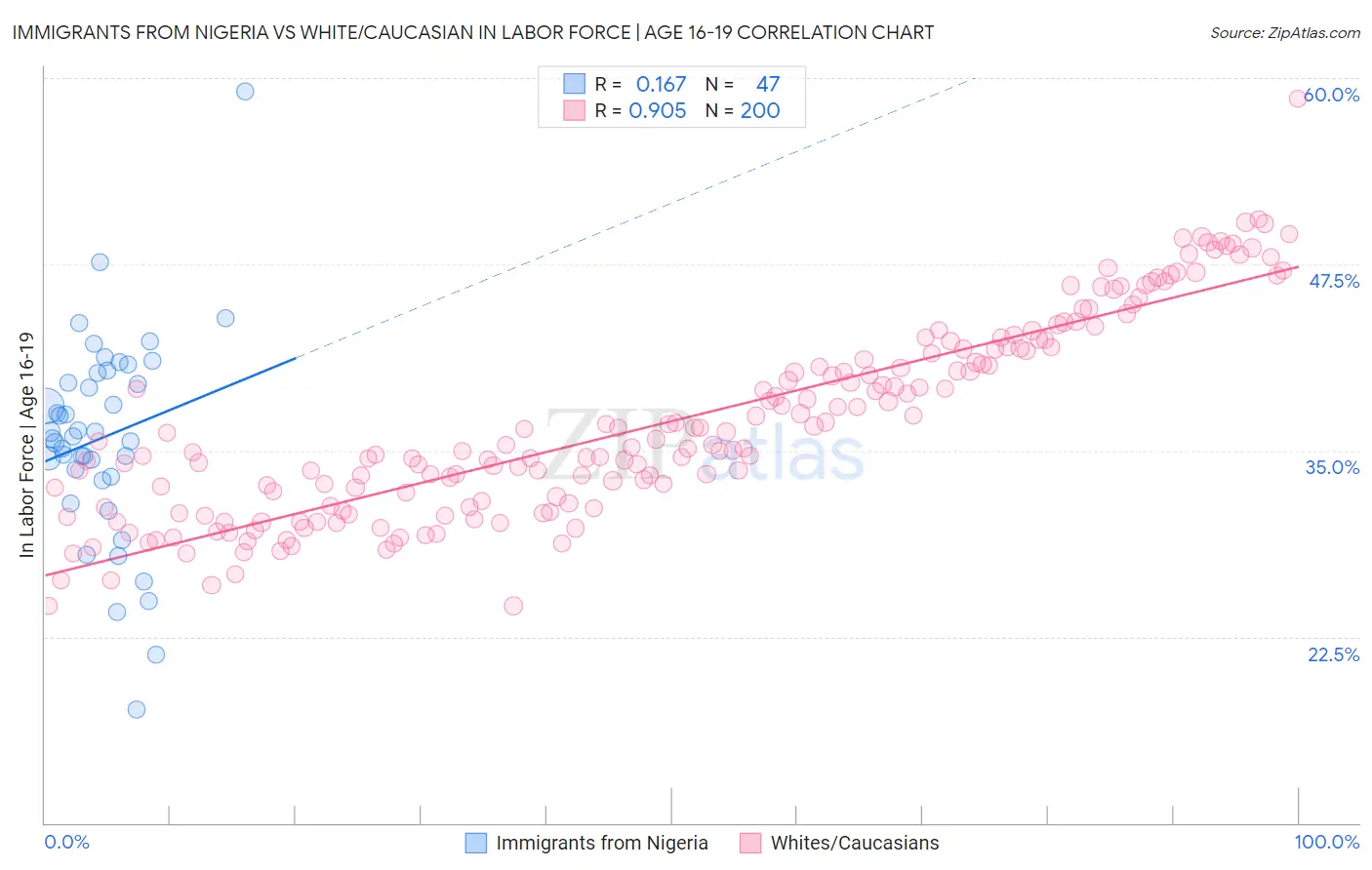 Immigrants from Nigeria vs White/Caucasian In Labor Force | Age 16-19